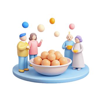 Cute 3D Characters Enjoying a Bowl of Round Objects png