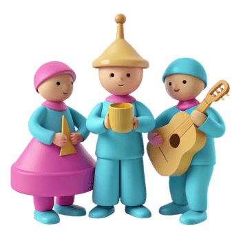 Three Toy Figures One Holding a Mug, One Holding a Guitar, and One Holding a Triangular Shape png