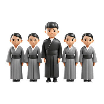 Group of Five Cartoon Characters Wearing Traditional Asian Clothing png