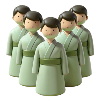 Five Cartoon Characters Dressed in Green Robes png
