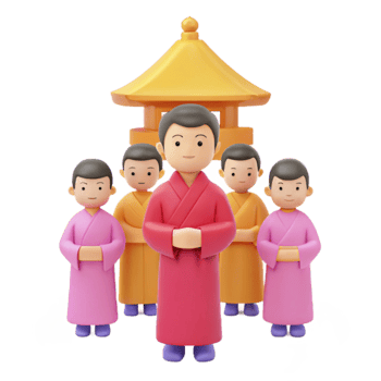 3D Render of Monks in Traditional Clothing Standing Before a Temple png