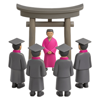 Students in Traditional Japanese Attire Gathering at a Torii Gate png