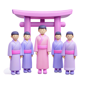 3D Rendered Illustration of People in Traditional Japanese Clothing Standing in Front of a Torii Gate png