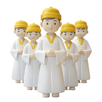 Group of Cartoon Characters in White Robes and Yellow Hats png