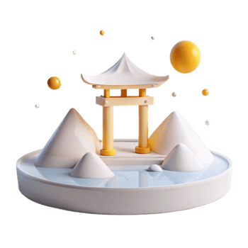 3D Render of a Japanese Gate with Mountains and a Pond png
