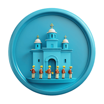 3D Render of a Church with a Row of Figures in Front png