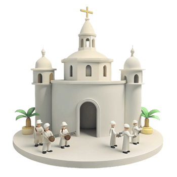 3D Render of a Church with Palm Trees and Figures png