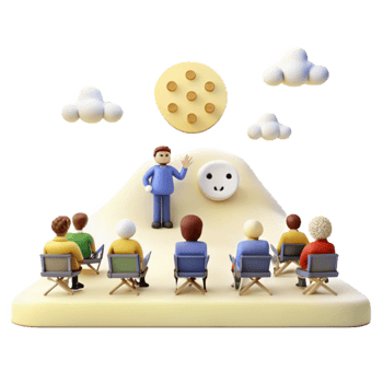 3D Illustration of a Speaker Addressing an Audience on a Hilltop with a Smiling Plug and a Moon png
