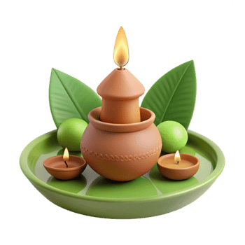 Clay Pot with Burning Candle and Green Leaves on a Plate png