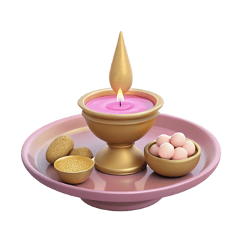 Golden Candle Holder with Pink Wax and Sweets on a Plate png