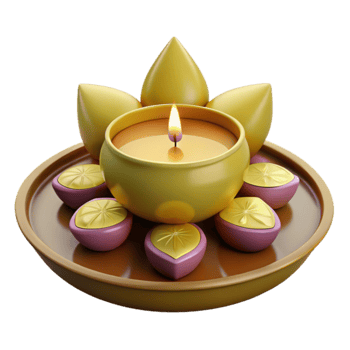 Golden Candle in a Lotus Flower Design with Surrounding Ornaments png