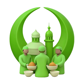 Islamic Crescent Moon and Mosque with Figures Holding Bowls png