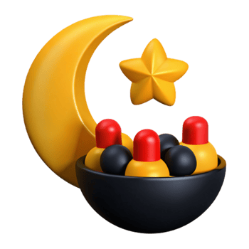 3D Rendered Crescent Moon and Star with Bowl of Objects png