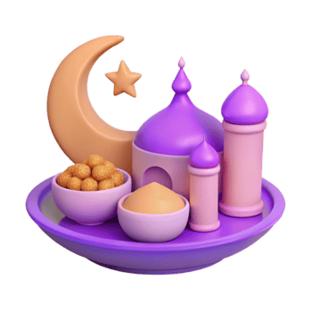 3D Illustration of a Crescent Moon, Star, and Mosque with Sweets png