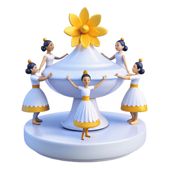 Four Figurines Holding a White Bowl with a Yellow Flower on Top png