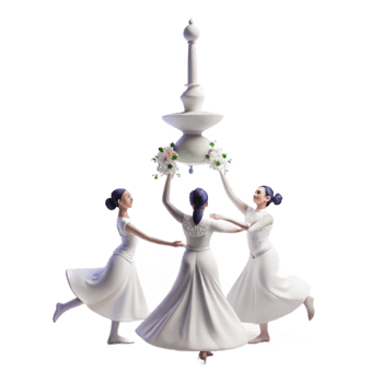 Three Women in White Dresses Lifting a White Ornament with Flowers png