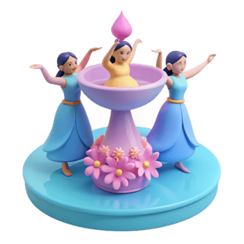 3D Cartoon Illustration of Three Girls Dancing Around a Fountain with Pink Flowers png