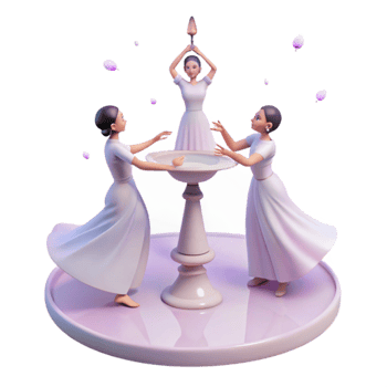 Three Women in White Dresses Performing a Ritual Around a Fountain png