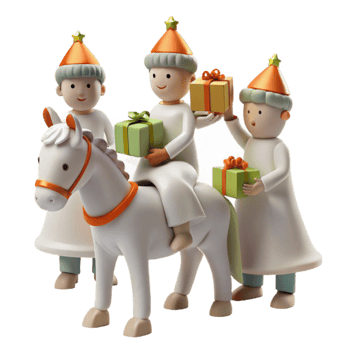 Three Festive Characters with Gifts and a White Horse png