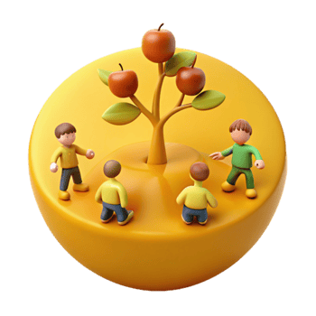 Four Cartoon Characters Surrounding a Fruit Tree png