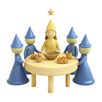 Five Characters Gather Around a Table for a Meal png