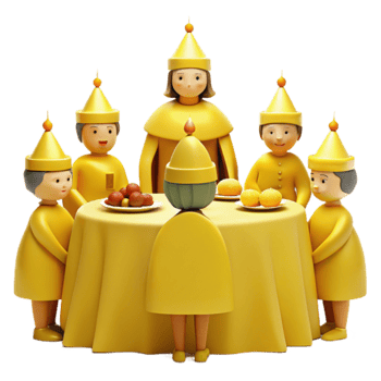 Yellow Characters Gather Around a Table for a Feast png
