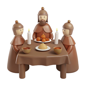 Three Figures Sitting at a Table with Candles and Food png