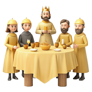 Five Figures in Yellow Robes at a Table png