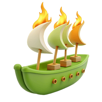 3D Green Boat with Colorful Sails and Flames png