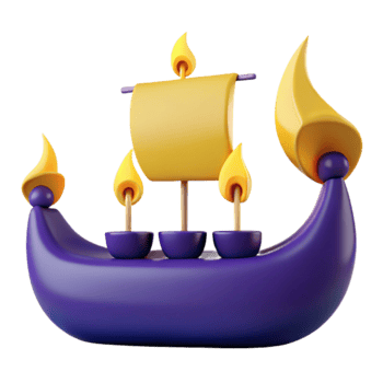3D Cartoon Purple Boat with Yellow Sail and Flames png