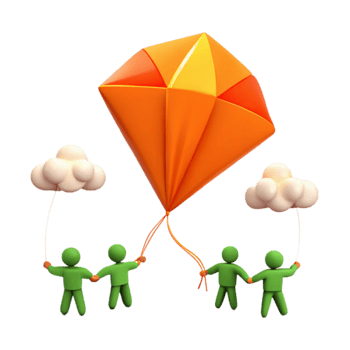 Teamwork, Collaboration, and Shared Dreams Four Figures Holding Up a Large Orange Kite png