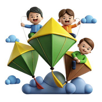 Cute Cartoon Children Flying Kites in the Clouds png