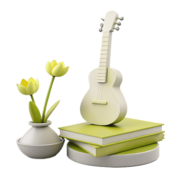 Guitar, Flowers, and Books A Cozy Still Life png
