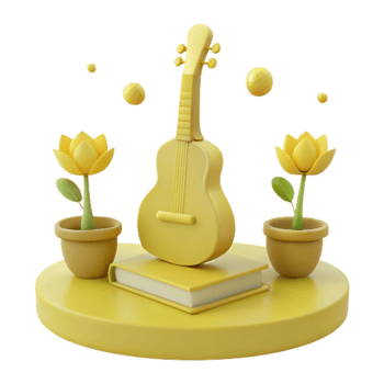3D Render of a Yellow Guitar, Flowers, and Book png
