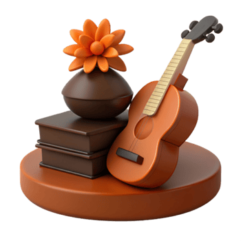 3D Rendered Still Life with Guitar, Flower, and Books png