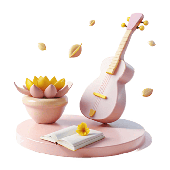 Pink Guitar, Flower Pot, and Book on a Pastel Platform png