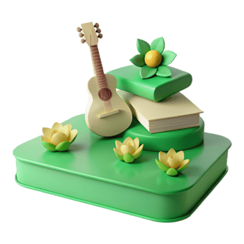 3D Render of a Guitar, Books, and Flowers on a Green Platform png