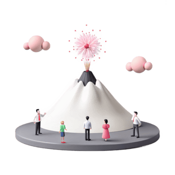 3D Miniature Mountain Scene with Erupting Volcano and Tiny Figures png