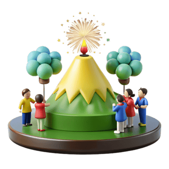 3D Illustration of People Watching Fireworks Over a Mountain png