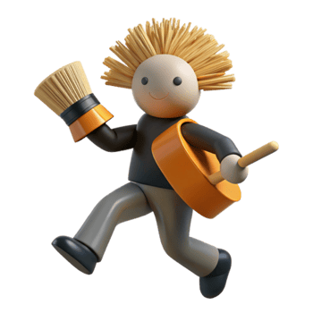 Happy 3D Character Holding a Cleaning Brush and a Drum Stick png
