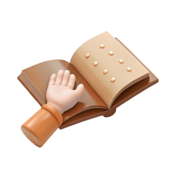 3D Illustration of an Open Book with Braille Dots and a Hand Reaching Out png