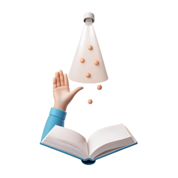 3D Illustration of a Hand Reaching Up to Catch Falling Objects from a Cone Shape, Above an Open Book png