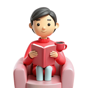 3D Cartoon Character Relaxing in a Pink Armchair and Reading a Book png