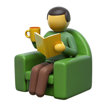 Relaxed 3D Character Enjoying a Book and a Drink png
