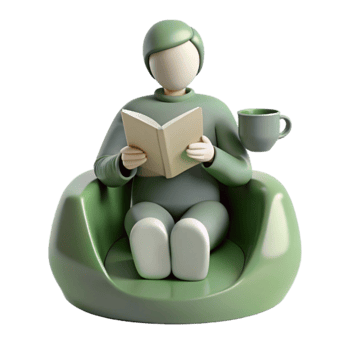 3D Illustration of a Person Relaxing in a Green Chair, Reading a Book and Enjoying a Cup of Coffee png