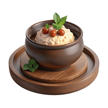 Creamy Dessert with Berries and Mint in a Brown Bowl on a Wooden Plate png