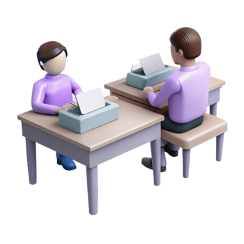 Two People Sitting at Desks Using Typewriters png