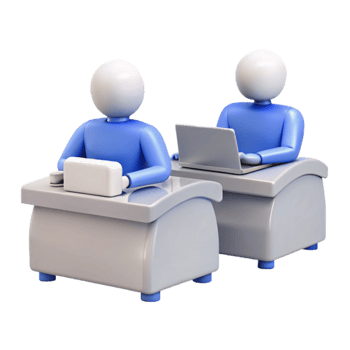 Two 3D Characters Working at Desks with Laptops png