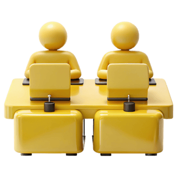 Two Yellow 3D People Working on Computers png