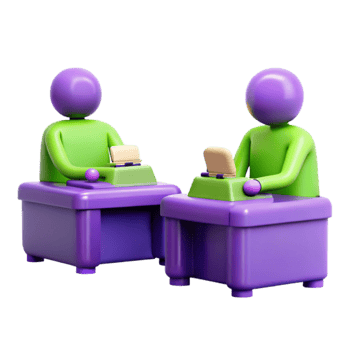 3D Render of Two Figures Sitting at Desks png